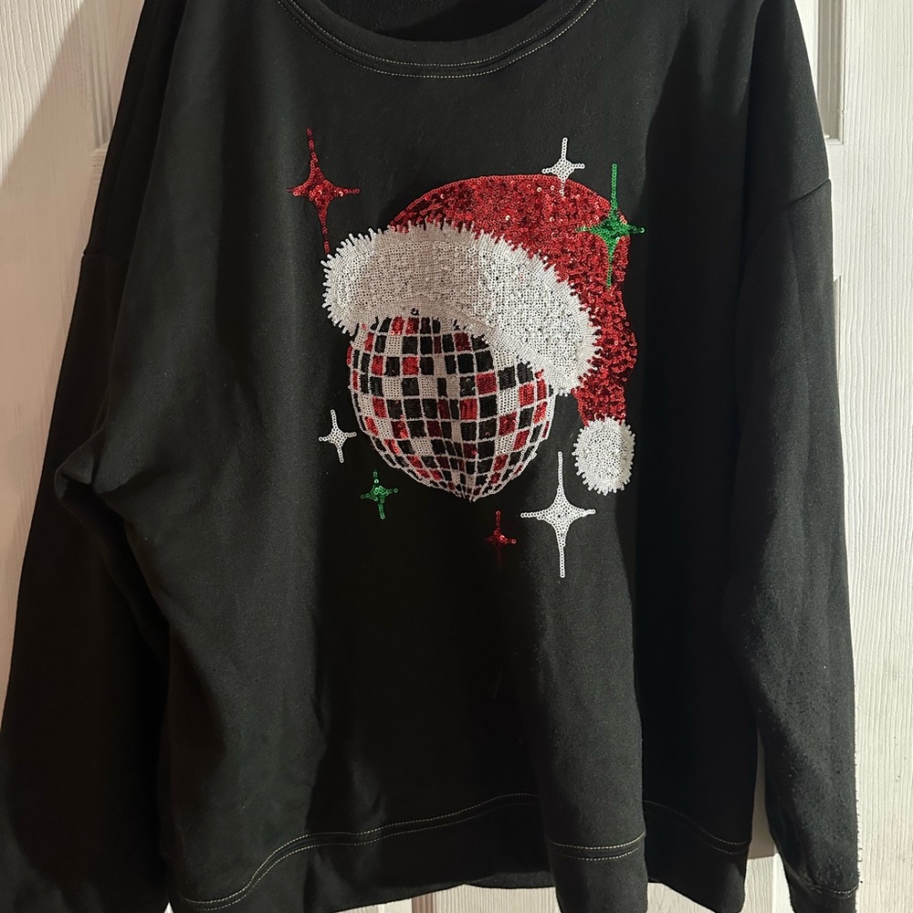 Festive Black Sweatshirt with Santa Hat Disco Ball